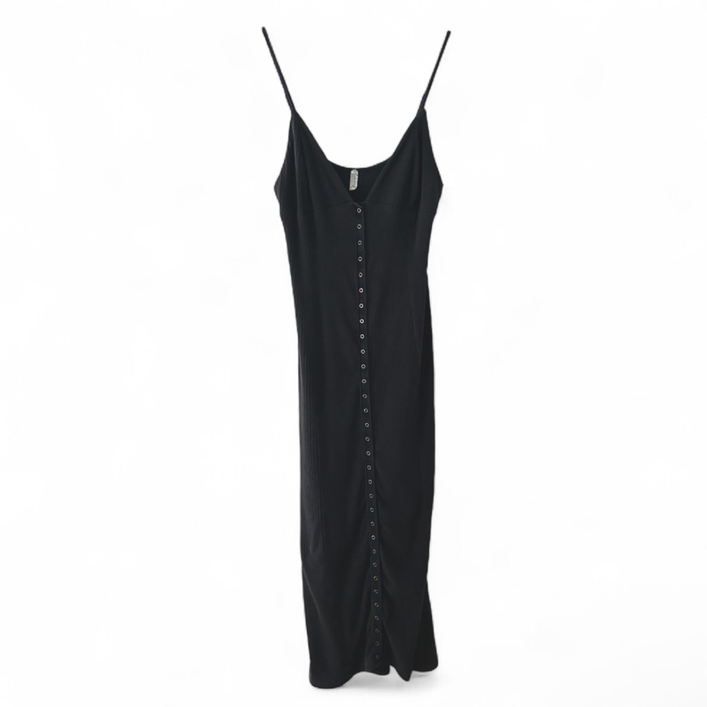 INTIMATELY FREE PEOPLE Black Ribbed Plunge Button Down Midi Dress Bodycon Size M